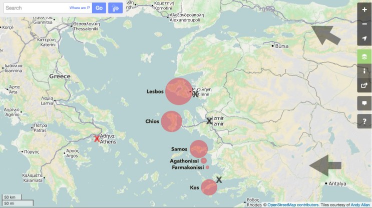 Greek island refugee destinations from Turkey, data from August 2015 content analysis. Basemap provided by OpenStreetMap (OSM). Nicolas Parent, 2015.